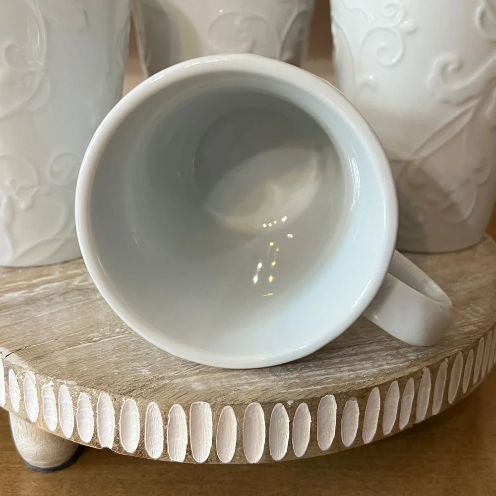 Corning Corelle Coordinates Bella Faenza White Embossed Porcelain Mugs Set of 4 - Picture 5 of 5